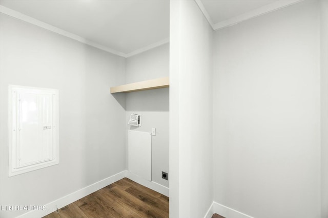 169 Dode St, Sweetwater, TN 37874 - laundry area with crown molding, dark wood-type flooring, baseboards, and hookup for an electric dryer