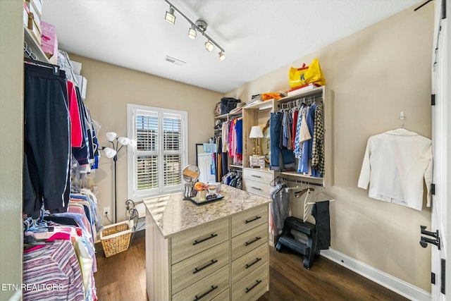 spacious closet featuring dark wood-type flooring