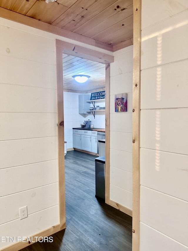 hallway featuring wooden ceiling, dark hardwood / wood-style flooring, and wooden walls