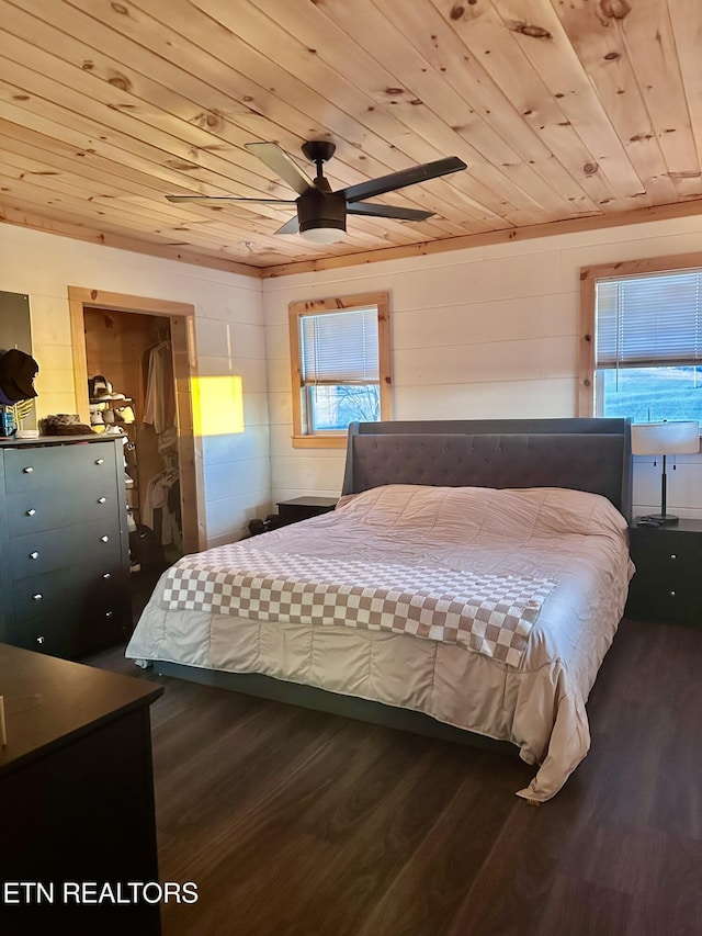 bedroom featuring ceiling fan, wooden ceiling, multiple windows, and dark hardwood / wood-style flooring