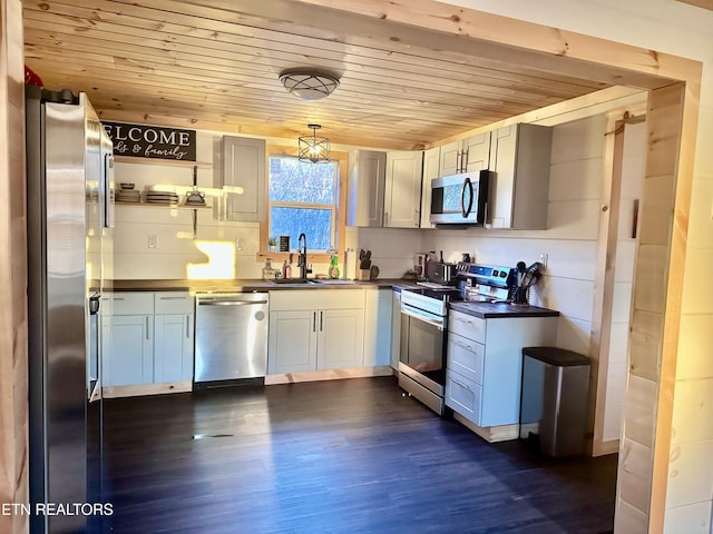 kitchen featuring decorative light fixtures, stainless steel appliances, sink, dark hardwood / wood-style floors, and wooden ceiling