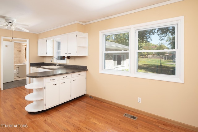 kitchen featuring ceiling fan, light hardwood / wood-style flooring, white cabinets, and sink