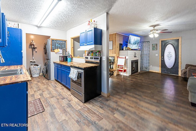 kitchen with wood counters, appliances with stainless steel finishes, sink, and blue cabinetry