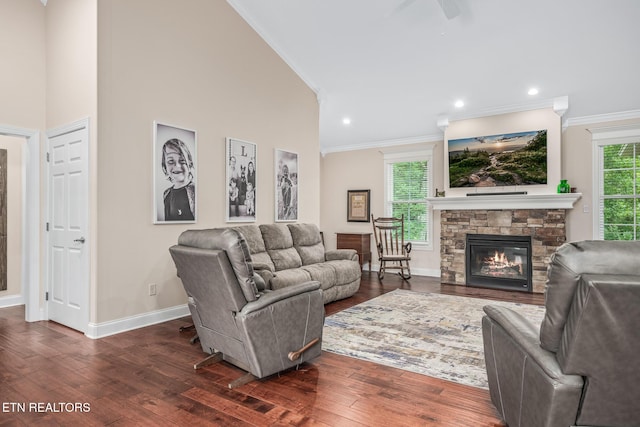 living room with dark hardwood / wood-style floors, crown molding, a stone fireplace, and a healthy amount of sunlight