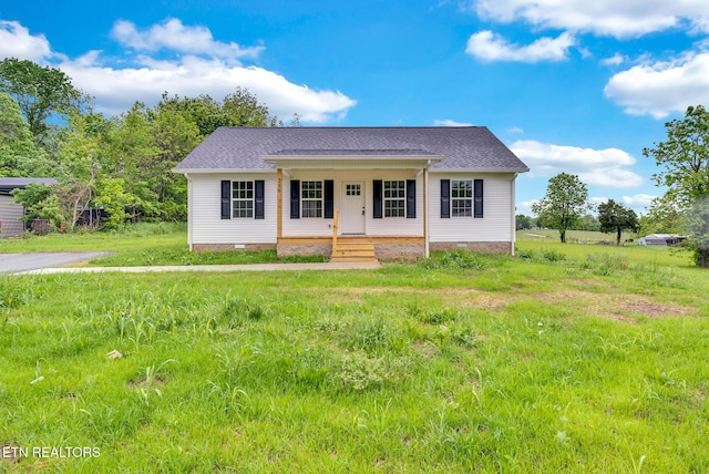 bungalow-style house featuring crawl space, covered porch, and a shingled roof