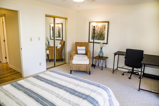 bedroom featuring a closet, carpet, and ceiling fan