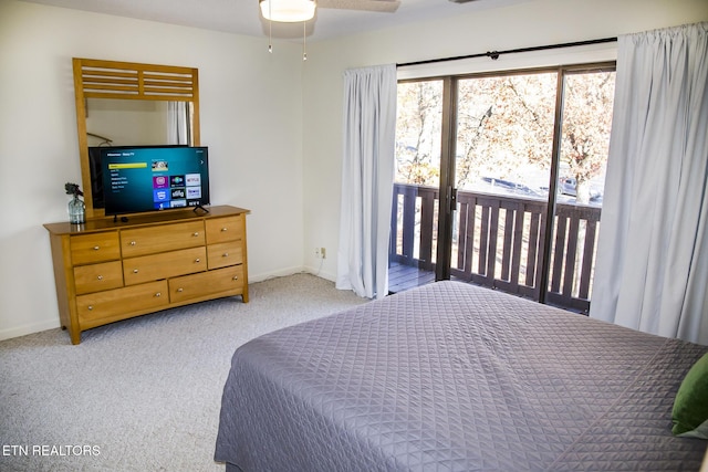 bedroom with ceiling fan, light colored carpet, and access to exterior