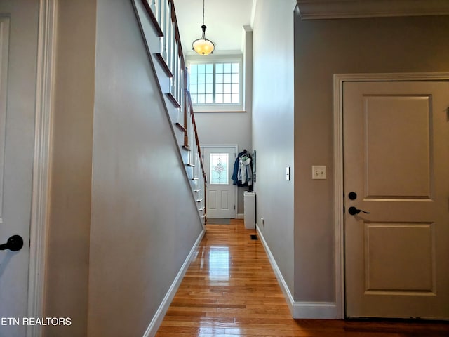 interior space featuring ornamental molding, a towering ceiling, and light wood-type flooring