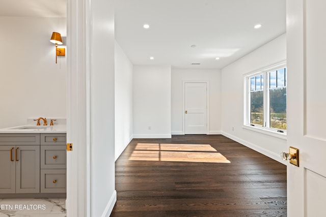 unfurnished room featuring sink and dark wood-type flooring