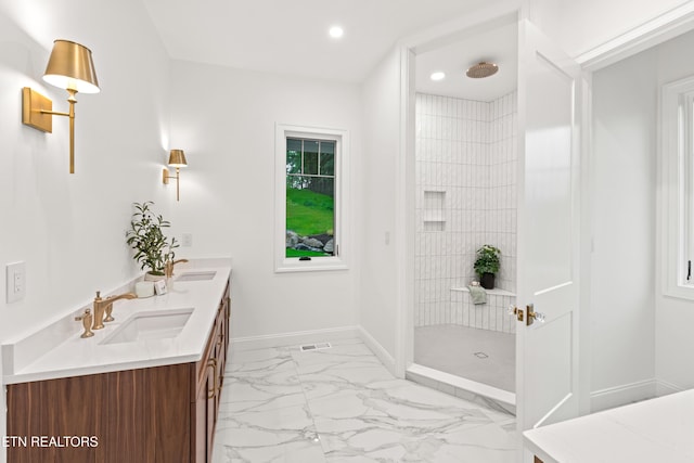 1521 Cherokee Blvd, Knoxville, TN 37919 - bathroom featuring marble finish floors, double vanity, a walk in shower, baseboards, and recessed lighting