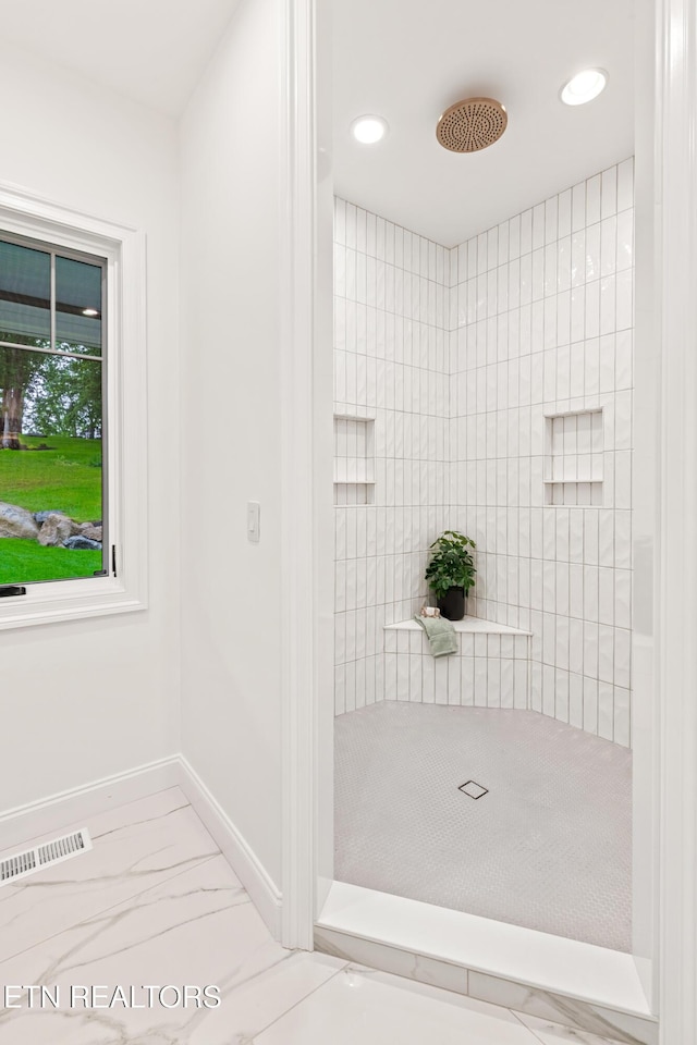 1521 Cherokee Blvd, Knoxville, TN 37919 - bathroom with marble finish floors, tiled shower, recessed lighting, and baseboards