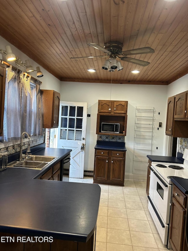 kitchen with dishwasher, electric stove, sink, wooden ceiling, and light tile patterned floors