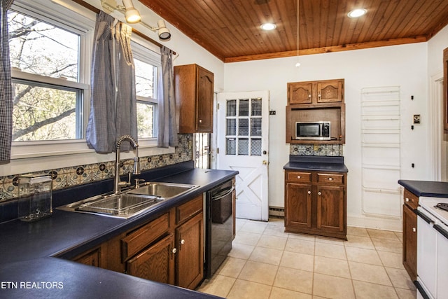 kitchen featuring wooden ceiling, backsplash, black dishwasher, and sink