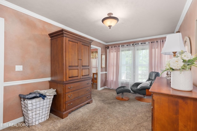 home office with light carpet and crown molding