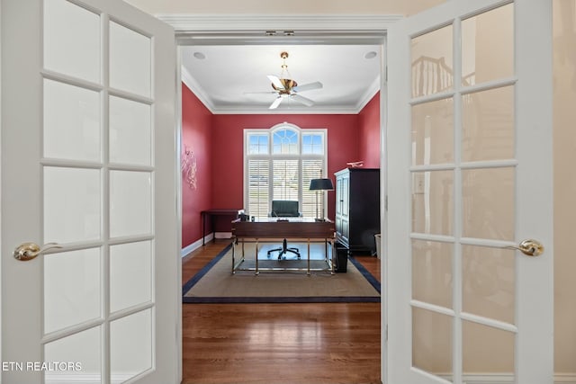 home office with ornamental molding, dark hardwood / wood-style floors, and ceiling fan