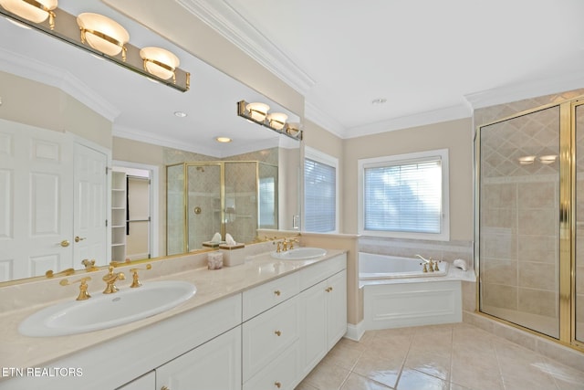 bathroom with crown molding, vanity, shower with separate bathtub, and tile patterned flooring