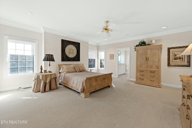 bedroom featuring light carpet, crown molding, multiple windows, and ceiling fan