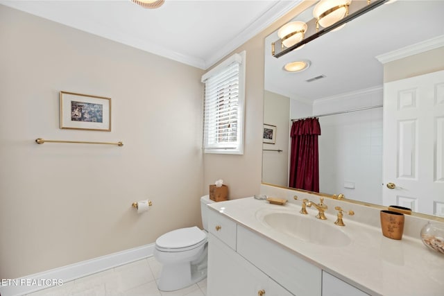 bathroom featuring a shower with shower curtain, vanity, ornamental molding, tile patterned floors, and toilet