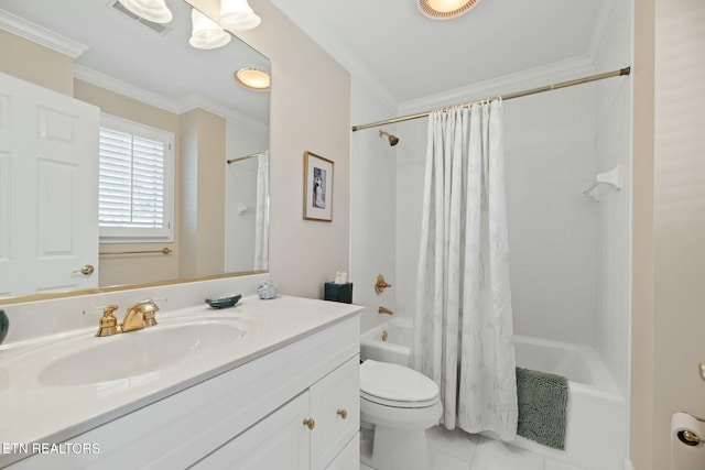 full bathroom with vanity, ornamental molding, shower / bath combination with curtain, tile patterned floors, and toilet