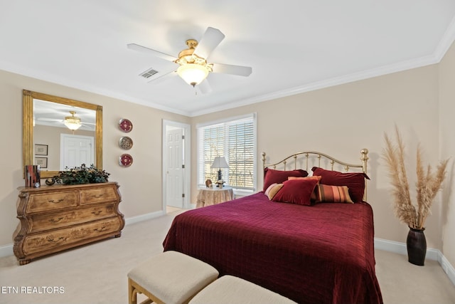 bedroom with light carpet, crown molding, and ceiling fan