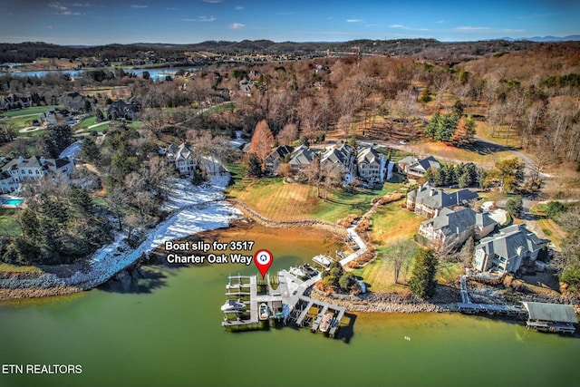 bird's eye view with a water view