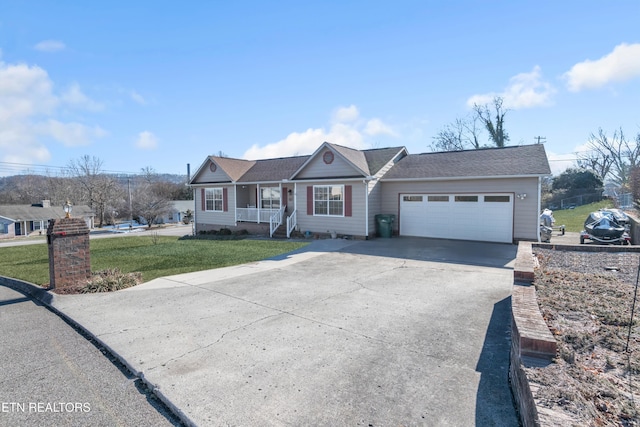 ranch-style home with a front lawn, a porch, and a garage