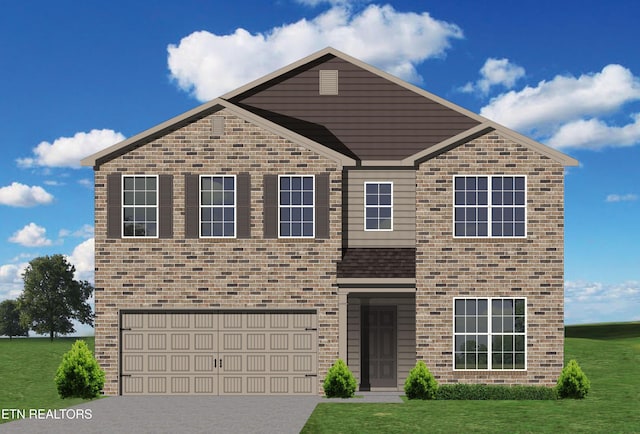 view of front of property featuring driveway, brick siding, and a front lawn