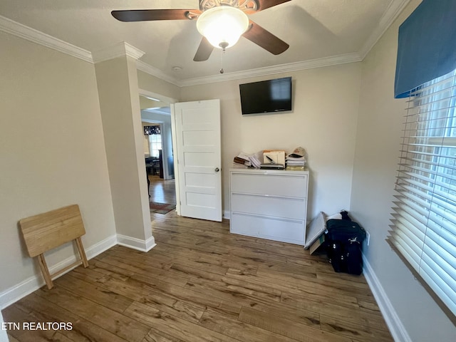 interior space with hardwood / wood-style floors, ornamental molding, and ceiling fan