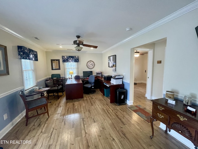 office area with crown molding, ceiling fan, and light wood-type flooring