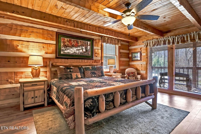 bedroom featuring ceiling fan, access to exterior, beam ceiling, wood-type flooring, and wood ceiling