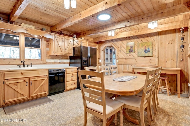 kitchen featuring wooden walls, wooden ceiling, black appliances, beam ceiling, and sink