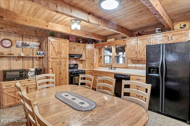 dining room with sink, beam ceiling, and wood ceiling