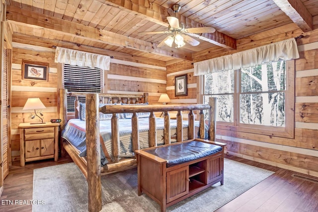 bedroom featuring dark hardwood / wood-style flooring, wood ceiling, wood walls, and beamed ceiling