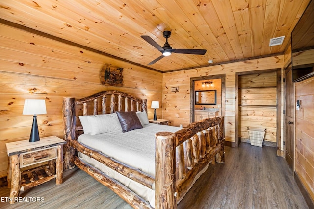 bedroom featuring wooden ceiling, dark hardwood / wood-style floors, wooden walls, and ceiling fan