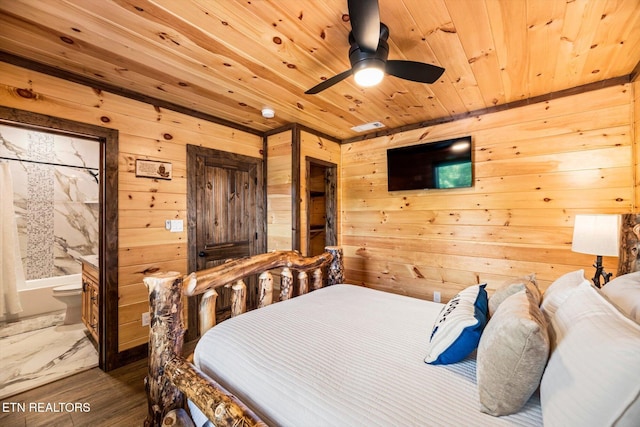 bedroom with ensuite bathroom, ceiling fan, wood walls, dark hardwood / wood-style flooring, and wooden ceiling