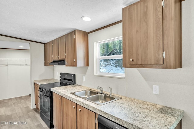 kitchen featuring sink, a textured ceiling, light hardwood / wood-style floors, and black appliances