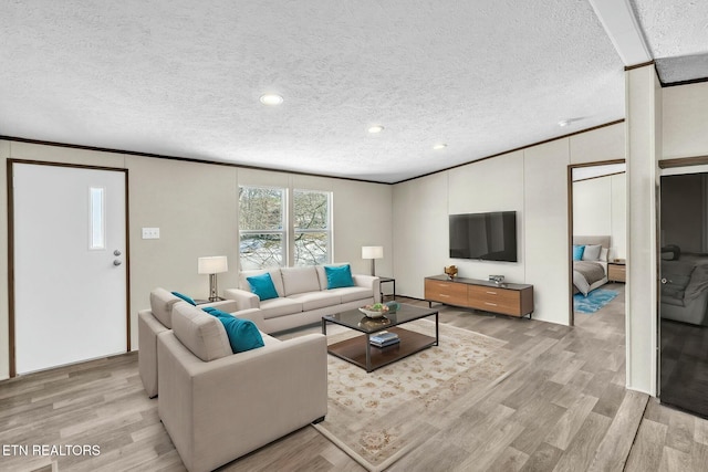 living room with ornamental molding, a textured ceiling, and light wood-type flooring