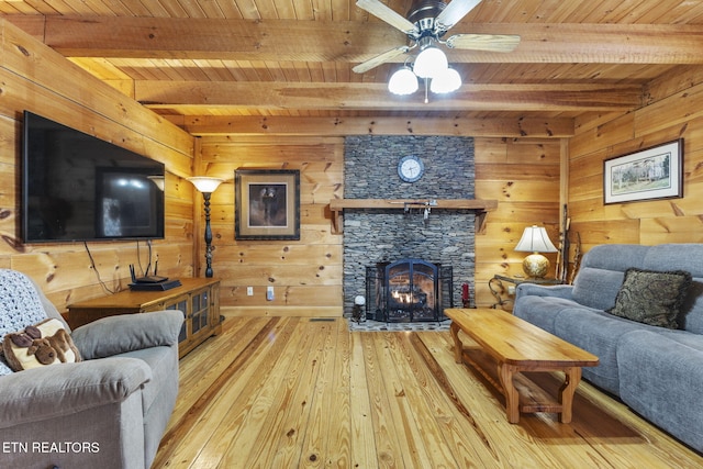 living room with hardwood / wood-style flooring, wood ceiling, wood walls, and beamed ceiling