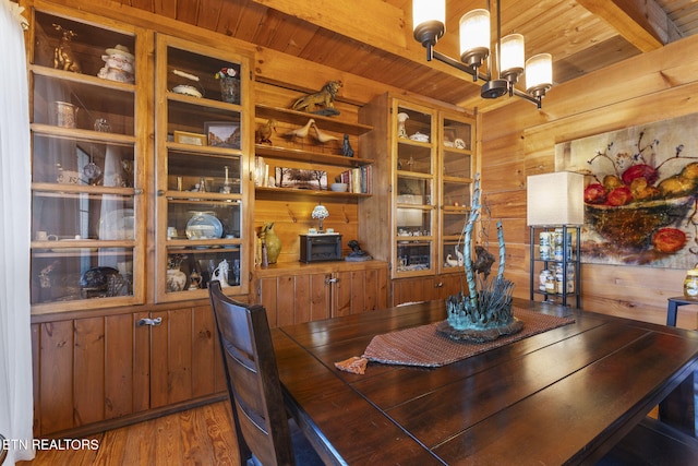 dining room featuring hardwood / wood-style floors, wood walls, a chandelier, and wooden ceiling