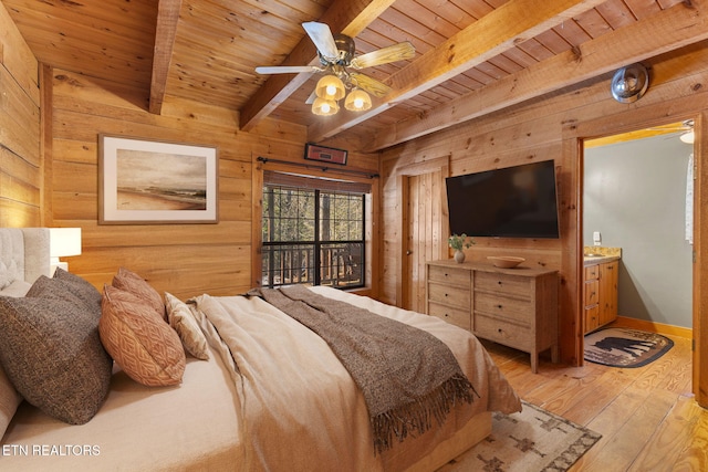 bedroom featuring wood ceiling, beamed ceiling, light hardwood / wood-style floors, wood walls, and ceiling fan