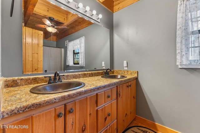 bathroom featuring ceiling fan, vanity, and wood ceiling