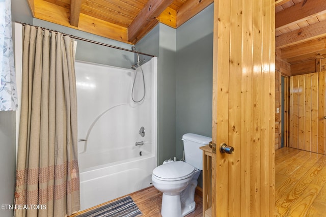 bathroom with hardwood / wood-style floors, wood ceiling, toilet, beam ceiling, and shower / bath combo