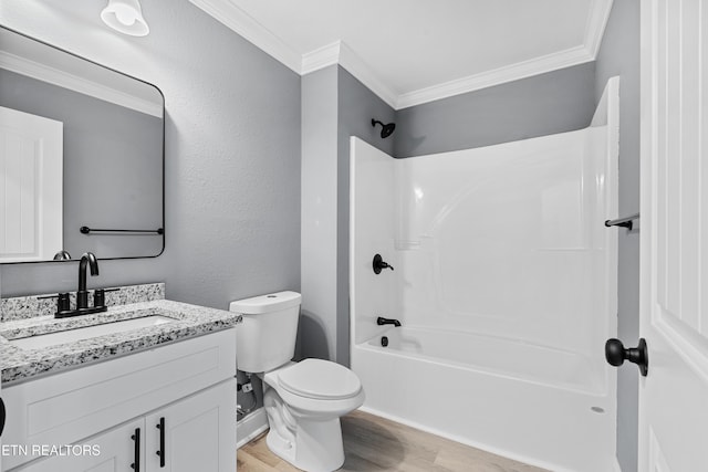 full bathroom with toilet, shower / bathtub combination, ornamental molding, vanity, and hardwood / wood-style flooring