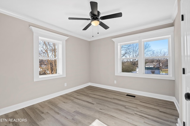 empty room featuring crown molding, ceiling fan, and light wood-type flooring