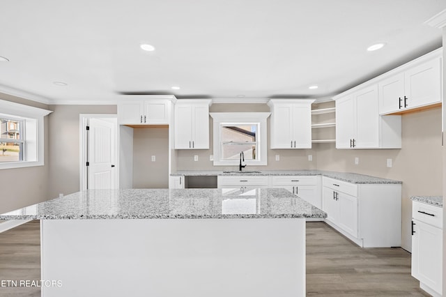 kitchen with white cabinetry, sink, a wealth of natural light, and a center island