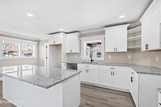 kitchen with white cabinetry, sink, crown molding, and light stone counters