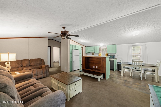 living room with ceiling fan, vaulted ceiling, and a textured ceiling