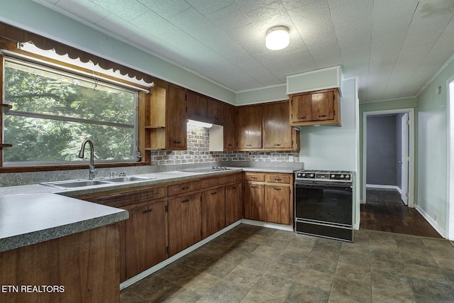 kitchen with range, black electric stovetop, decorative backsplash, sink, and ornamental molding