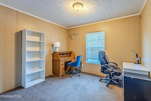 office area with crown molding, carpet floors, and a textured ceiling