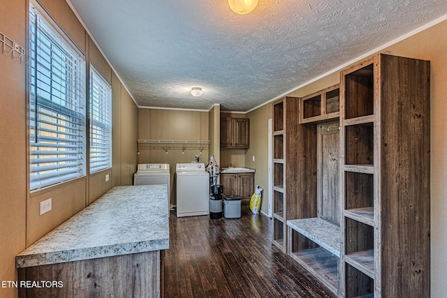 clothes washing area with cabinets, ornamental molding, washing machine and clothes dryer, and dark hardwood / wood-style flooring